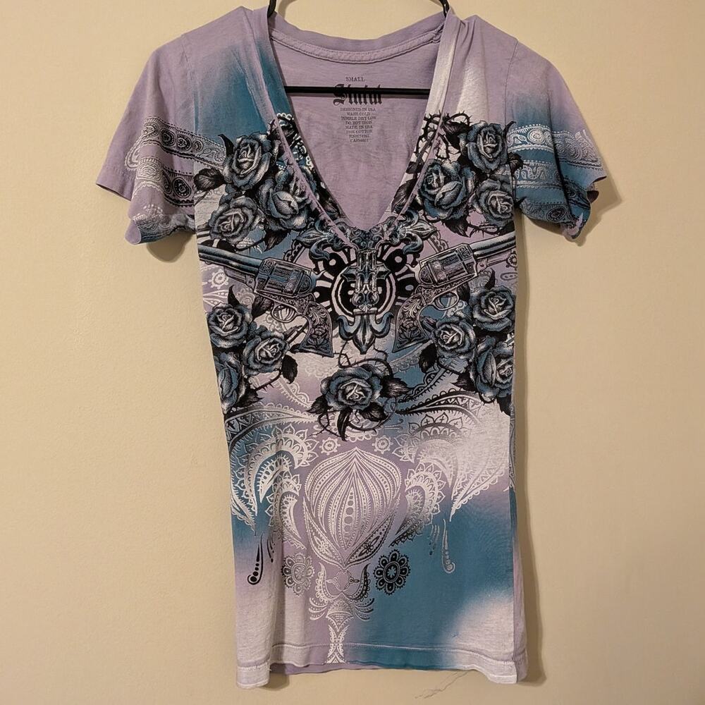 Sinful Purple Grunge Top With Roses And Guns Graphics